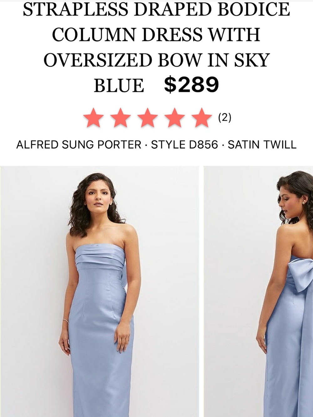 ALFRED SUNG Sky Blue Strapless Draped Bodice Column Dress with Back Bow